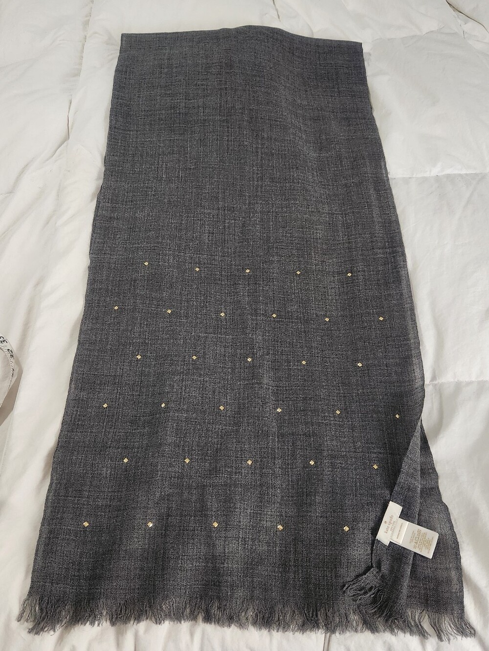 Kate Spade Wool Scarf Lightweight Gray Gold Embellished 76"x 17"